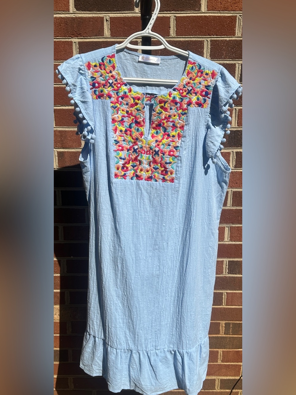 Kirundo XL Light Blue Embroidered Boho Shift Dress Pom Pom Sleeve Ruffle Hem